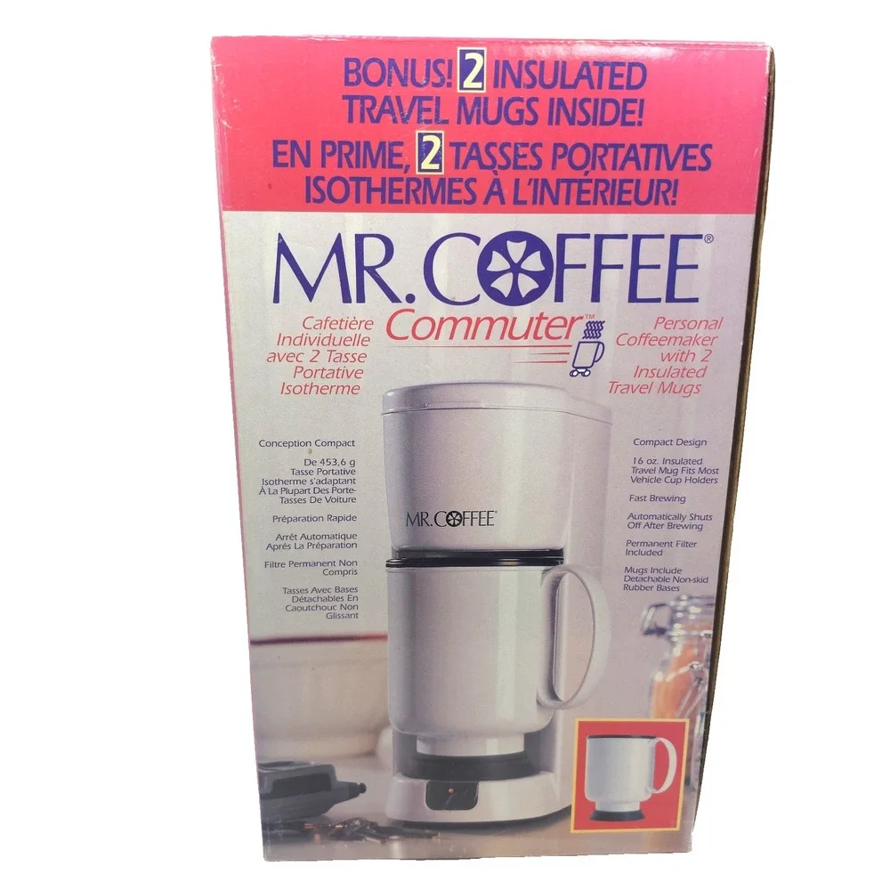 Vtg Mr. Coffee Commuter Coffee Maker PTC1M Single Serve NEW Open Box 2 Mugs
